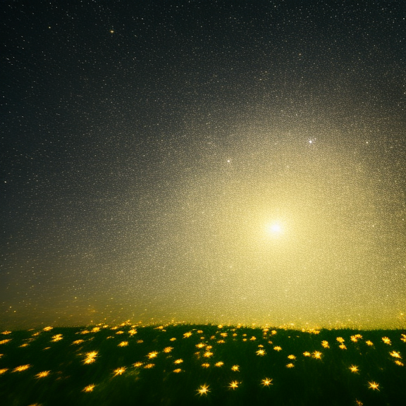 a spiral made of glowing lights in the night sky circling fast around a star. sky, field of flowers bellow, atmosphere, light, natural landscape, nature, natural environment, lighting, atmospheric phenomenon, horizon, star”