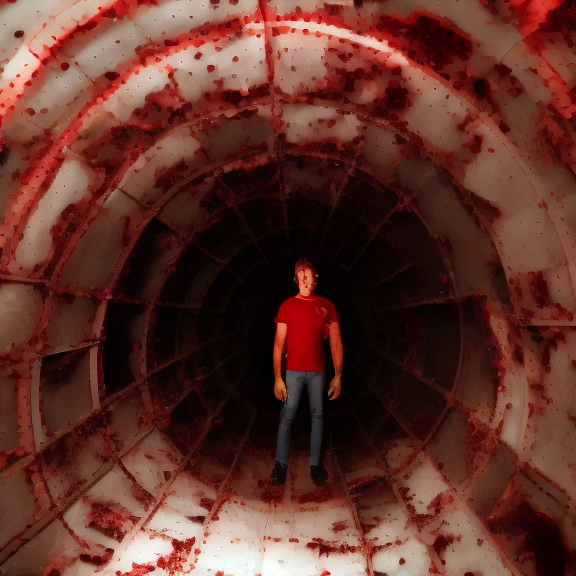 guy  standing in destroyed airplane fuselage ominus dark red inside of plane 