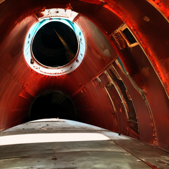 guy  standing in destroyed airplane fuselage ominous dark red inside of plane 