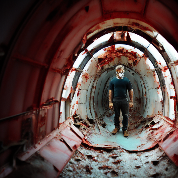 guy  standing in destroyed airplane fuselage ominous dark red inside of plane 