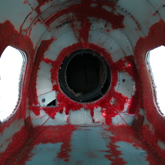 guy  standing in destroyed airplane fuselage ominous dark red inside of plane 