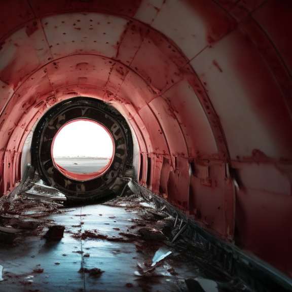 guy  standing in destroyed airplane fuselage ominous dark red inside of plane 