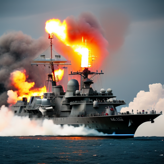 ames and debris scattered around. Include multiple angles, such as a close-up of the ship's deck as the rocket hits and a wide shot of the ship as it sinks into the water. Use dynamic lighting and shadows to enhance the sense of destruction and chaos. Show the panic and fear of the crew and soldiers on board as the ship is being destroyed. 
