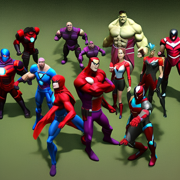 3D models of a team of superheroes, similar to the Avengers. Each hero should have their own unique powers, abilities, and costumes. Think of creative and iconic designs for each character that reflect their abilities and personalities. Show them in action poses, either individually or together as a team, battling against a common enemy. Create detailed backgrounds and environments that complement the action and heroism of the characters. Additionally you can add the option of interaction like allowing the user to explore the world and get to know the characters more.