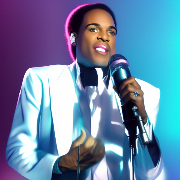 Jazz singer ,  photo realism,  4k, singing into a microphone in a neon lit background, wearing a white suit