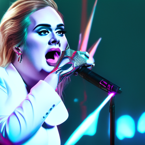 Adele ,  photo realism,  4k, singing into a microphone in a neon lit background, wearing a white suit