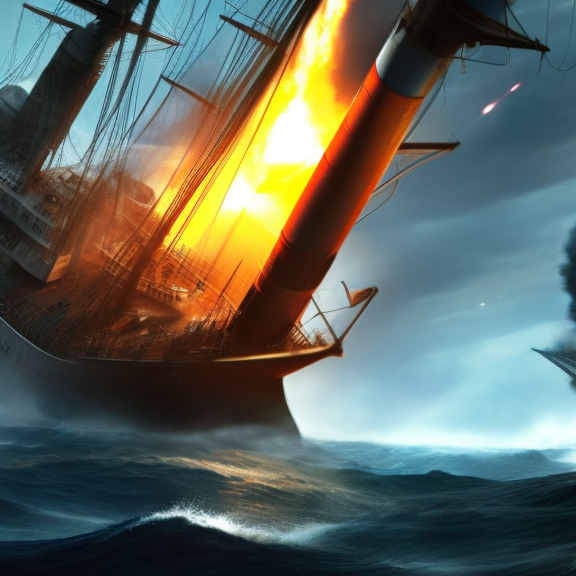 “ames and debris scattered around. Include multiple angles, such as a close-up of the ship's deck as the rocket hits and a wide shot of the ship as it sinks into the water. Use dynamic lighting and shadows to enhance the sense of destruction and chaos. Show the panic and fear of the crew and soldiers on board as the ship is being destroyed. ames and debris scattered around. Include multiple angles, such as a close-up of the ship's deck as the rocket hits and a wide shot of the ship as it sinks into the water. Use dynamic lighting and shadows to enhance the sense of destruction and chaos. Show the panic and fear of the crew and soldiers on board as the ship is being destroyed. ultrarealistic uhd faces, photorealism, 8k, masterpiece”