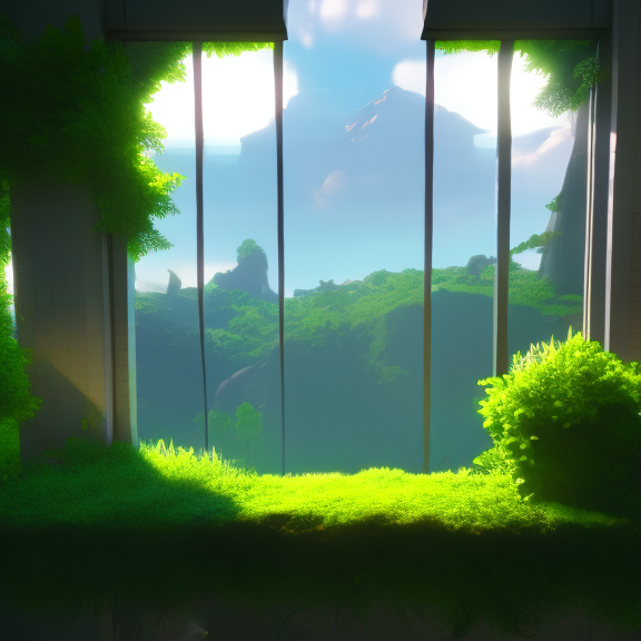 This prompt describes a visual art piece that features lush vegetation on a windowsill, rendered in a low-fidelity, "soft" style, with a resolution of 16k. The piece is created using the Unreal Engine, a popular game engine that can also be used for creating non-interactive 3D content.