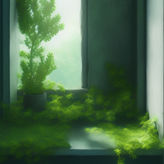 This art prompt could involve a lush windowsill with vegetation, viewed in a low fidelity, soft 16k resolution, created using the Unreal Engine.
