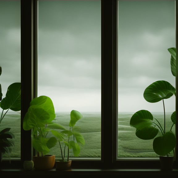 lush windowsill with a large variety of vegetation in a soft, lofi 16k resolution.