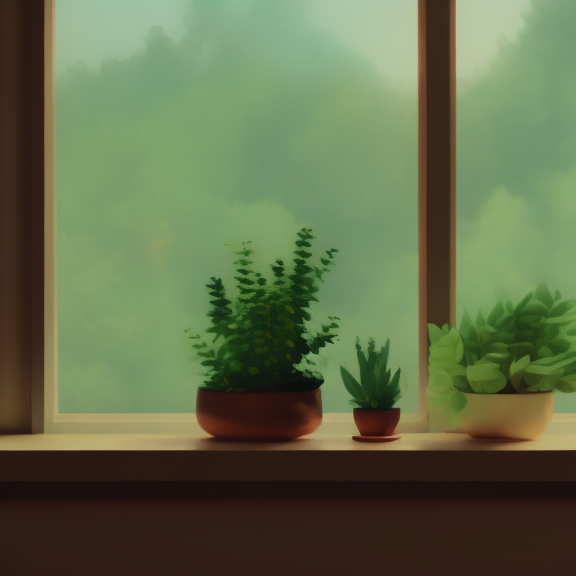 lush windowsill with a large variety of vegetation in a soft, lofi 16k resolution.
