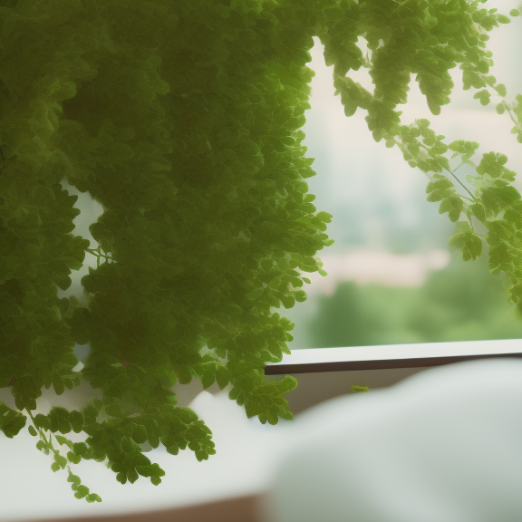 lush windowsill with a large variety of vegetation in a soft, lofi 16k resolution.