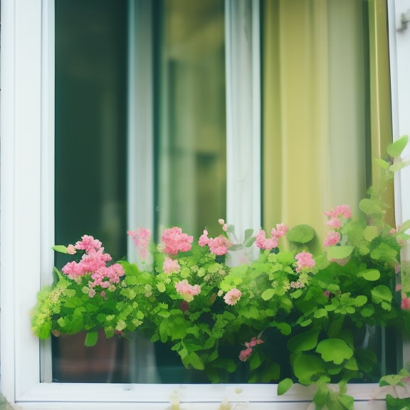 city lush windowsill lush flowers windowsill with a large variety of vegetation ,flowers in a soft, lofi 16k resolution.with a large variety of vegetation in a soft, lofi 16k resolution. city