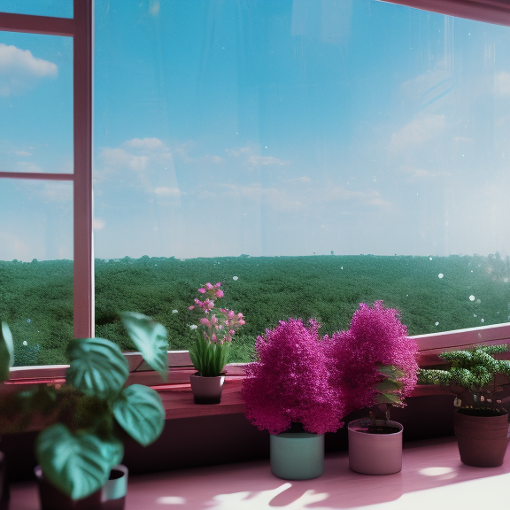 city lush windowsill lush flowers windowsill with a large variety of vegetation ,flowers in a soft, lofi 16k resolution.with a large variety of vegetation in a soft, lofi 16k resolution. city