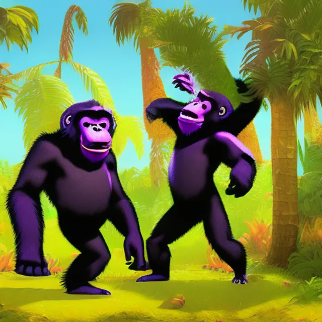 gorillas dancing at a jungle rave on a deserted island