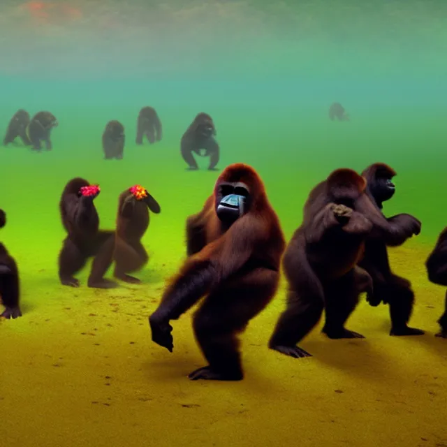 gorillas dancing at a jungle rave on a deserted island