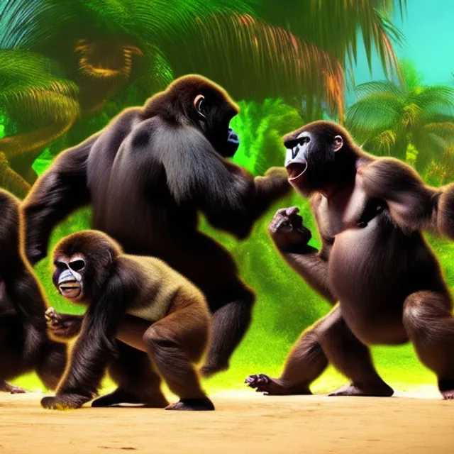 gorillas dancing at a jungle rave on a deserted island