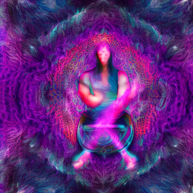 A photograph of a girl sitting in lotus position in energetic fractal marbled enviroment, colourful