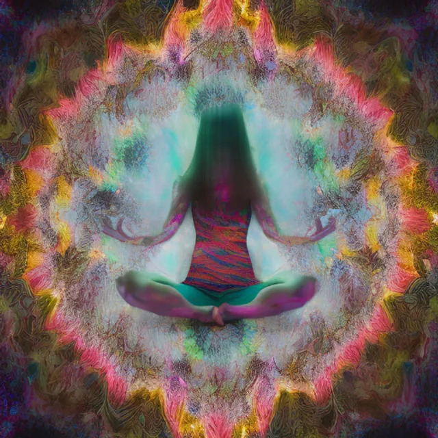 A photograph of a girl getting up from lotus position in energetic fractal marbled enviroment, colourful