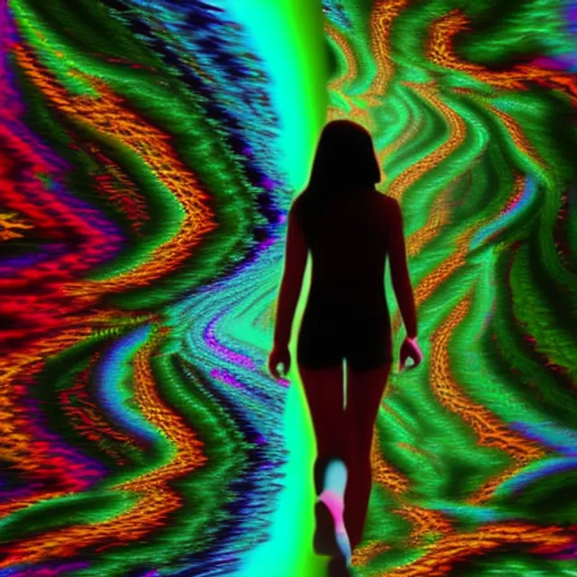 A photograph of a girl walking happily towards scene front in energetic fractal marbled enviroment, colourful