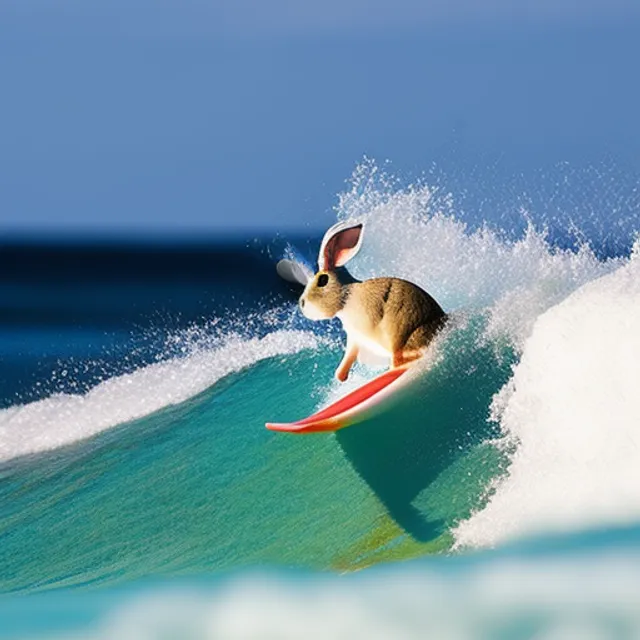 A rabbit surfing on ocean wave