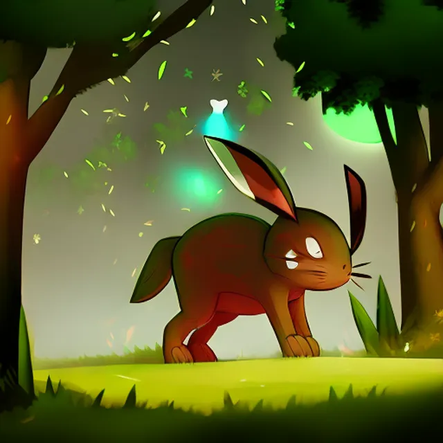 rabbit with big ears flying over the moonlit forest, concept art, ambient lighting