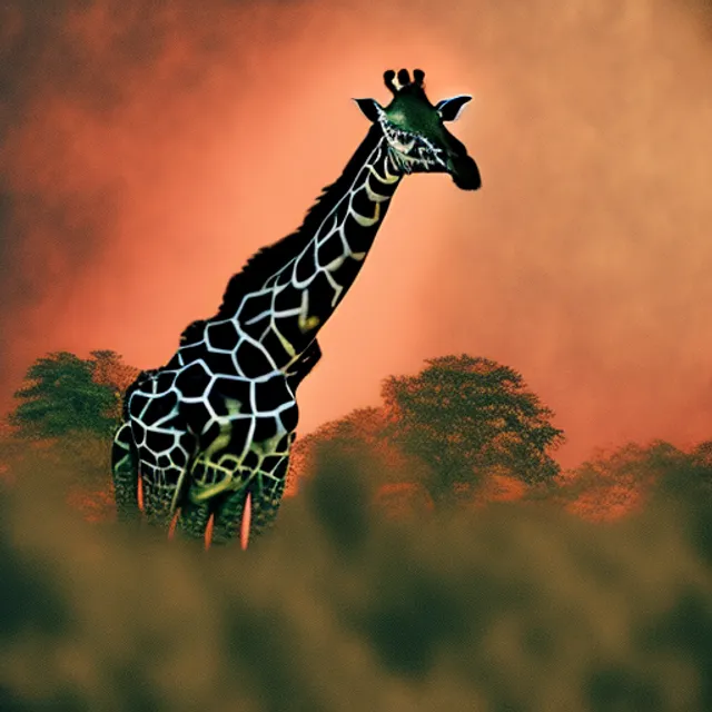 frustrated annoying irritated crazed rabid giraffe nobly attacking a tree ombre peach background magic insulted maximalist