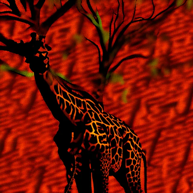 frustrated annoying irritated crazed rabid rampaging giraffe nobly attacking a tree ombre peach background magic insulted maximalist