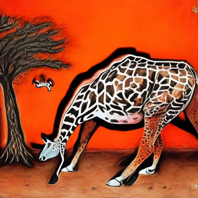 frustrated annoying irritated crazed rabid rampaging giraffe nobly attacking a tree ombre peach background magic insulted maximalist