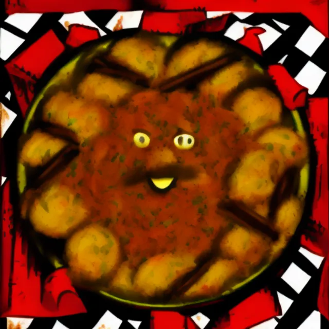 an evil demonic crazed possessed pot roast with a face spitting mashed potatoes crazy trippy surrounded by a plaid tablecloth mad angry eyes mouth chunks of mashed potatoes