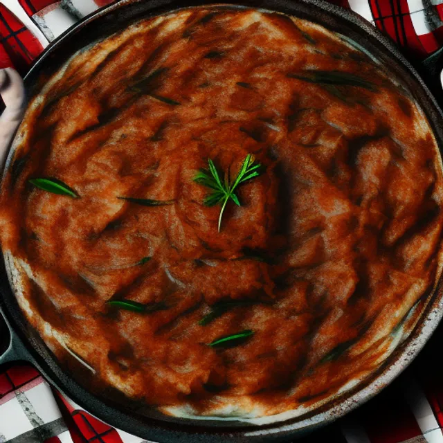 an evil demonic crazed possessed pot roast with a face spitting mashed potatoes crazy trippy surrounded by a plaid tablecloth mad angry eyes mouth chunks of mashed potatoes