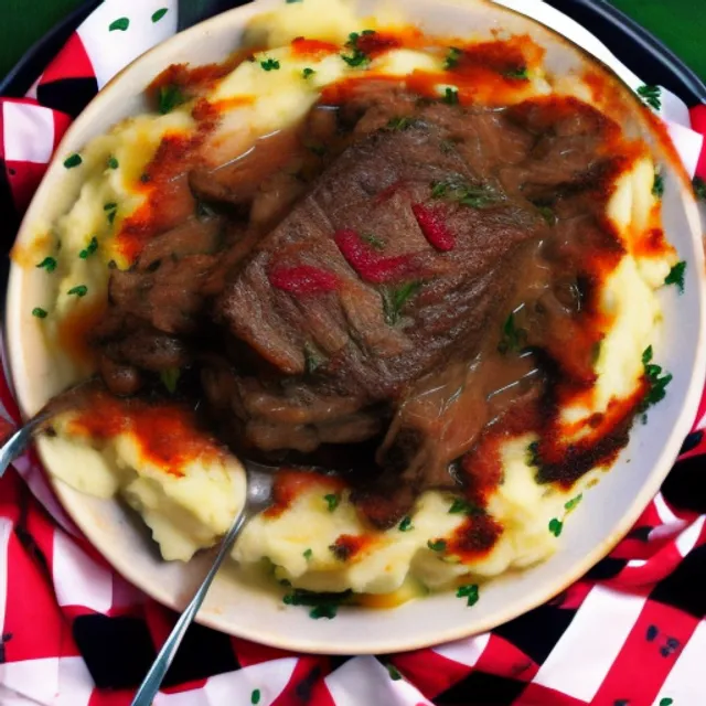 an evil demonic crazed possessed pot roast with a face spitting mashed potatoes crazy trippy surrounded by a plaid tablecloth mad angry eyes mouth chunks of mashed potatoes