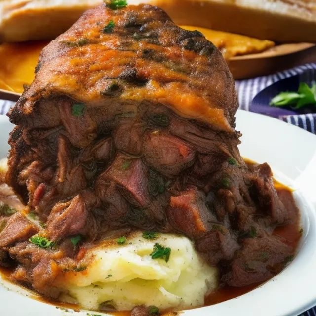 an evil demonic crazed possessed pot roast with a face mad angry eyes mouth spitting mashed potatoes crazy trippy surrounded by a plaid tablecloth chunks of mashed potatoes