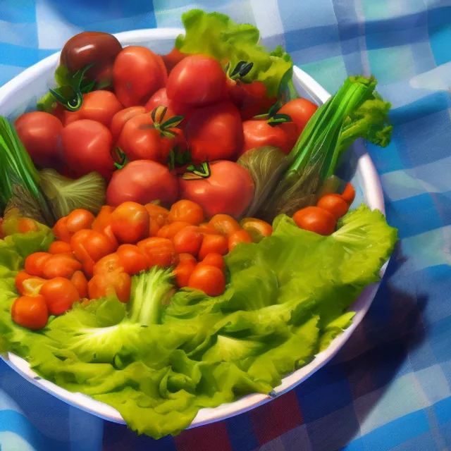 vegetables fighting to the death inside a salad bowl intense frenzy lettuce tomato onlion crouton carrot faces mad eyes against a blue plaid background tablecloth fantasy surreal