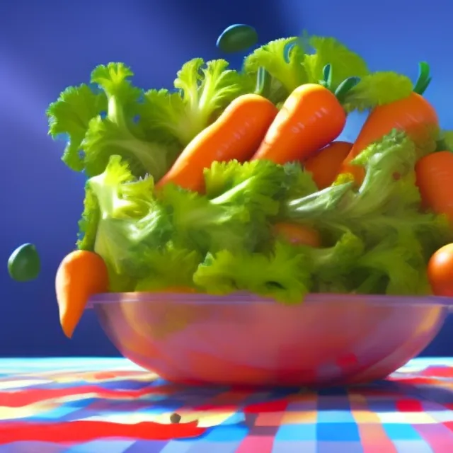 vegetables fighting to the death inside a salad bowl intense frenzy lettuce tomato onlion crouton carrot faces mad eyes against a blue plaid background tablecloth fantasy surreal