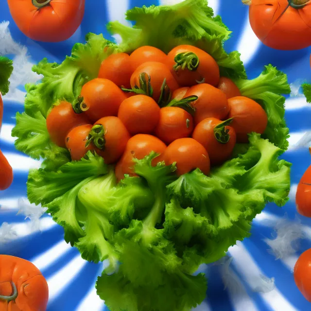 vegetables with faces fighting to the death inside a salad bowl intense frenzy lettuce tomato onlion crouton carrot faces mad eyes against a blue plaid background tablecloth fantasy surreal