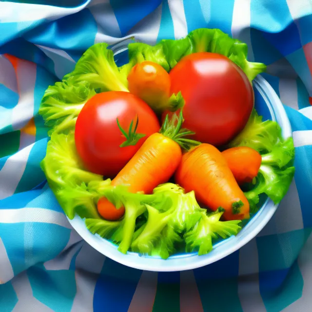 vegetables with faces fighting to the death inside a salad bowl intense frenzy lettuce tomato onlion crouton carrot faces mad eyes against a blue plaid background tablecloth fantasy surreal
