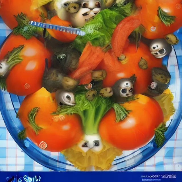 vegetables with faces, eyes, mouths, eyebrows, teeth fighting each other to the death inside a salad bowl intense frenzy lettuce tomato onlion crouton knives forks cheese slices carrot faces mad eyes against a blue plaid background tablecloth fantasy surreal