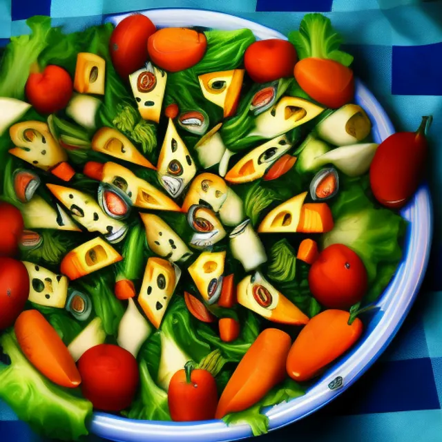 vegetables with faces, eyes, mouths, eyebrows, teeth fighting each other to the death inside a salad bowl intense frenzy lettuce tomato onlion crouton knives forks cheese slices carrot faces mad eyes against a blue plaid background tablecloth fantasy surreal