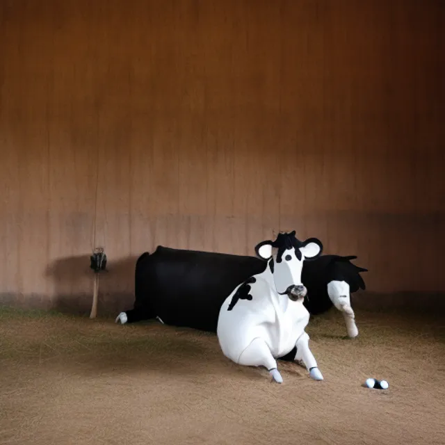 a large holstein cow sitting on a stool in a barn putting pins in a voodoo doll shaped like a large hog