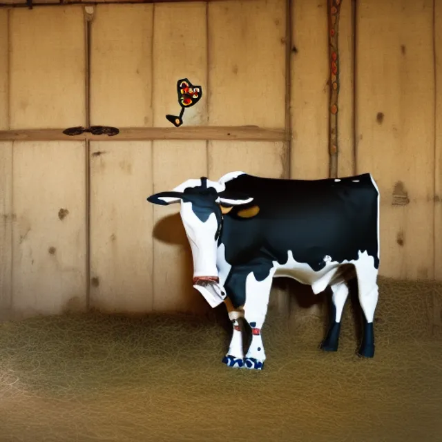 a large holstein cow sitting on a stool in a barn putting pins in a voodoo doll shaped like a large hog