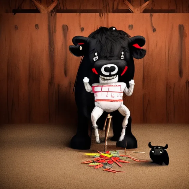 a large evil cow sitting on a stool in a barn putting pins in a voodoo doll shaped like a large hog cartoon ink masterpiece hay on ground big voodoo doll
