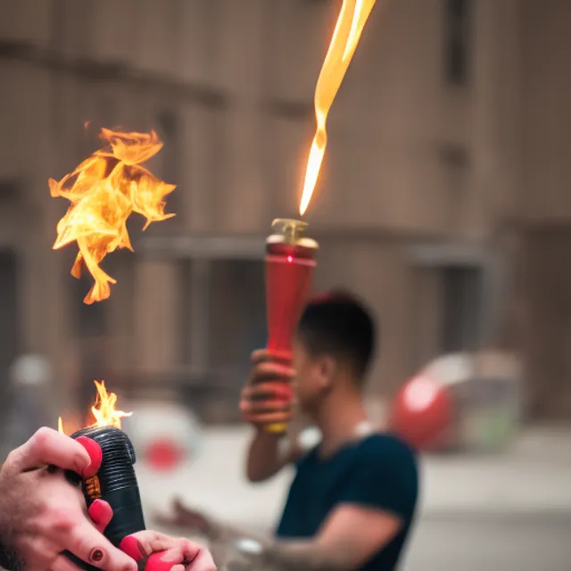 a youtuber juggling torches, a camera and a microphone