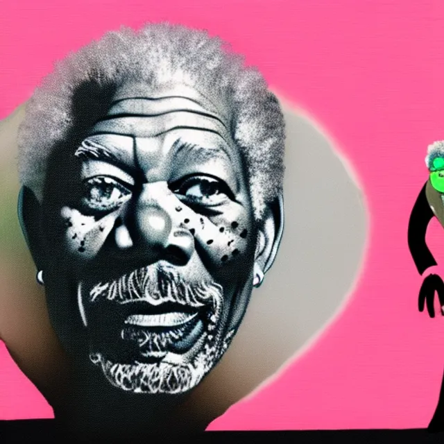 morgan freeman drawn with great skill walking on the roof of a pink skyscraper he walk holding a morphing earth the earth morphs from money to a cartoon heart then to a calculator