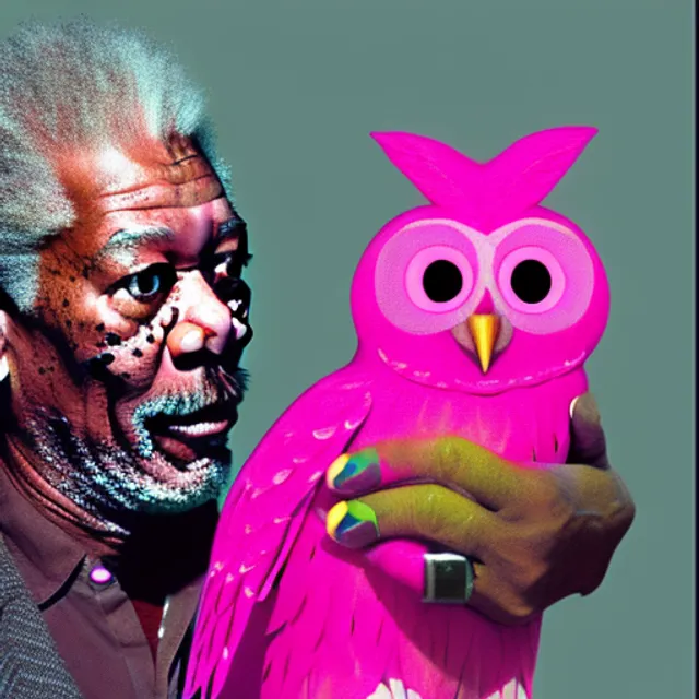 a real life morgan freeman talking to a pink owl the owl is a neon pink put weight 4 on morgan freeman put weight 5 on the pink owl