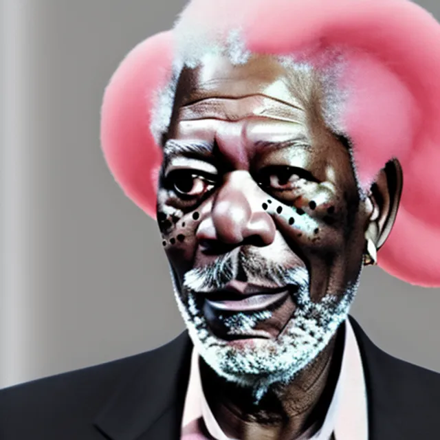 a front faceing king morgan freeman with a pink owl in his hands morphing into a baby pink elephant  