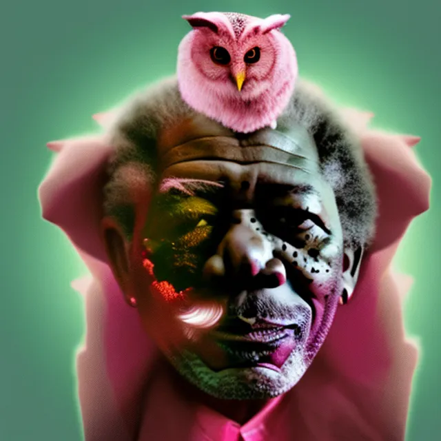 a front faceing king morgan freeman with a pink owl in his hands morphing into a baby pink elephant  