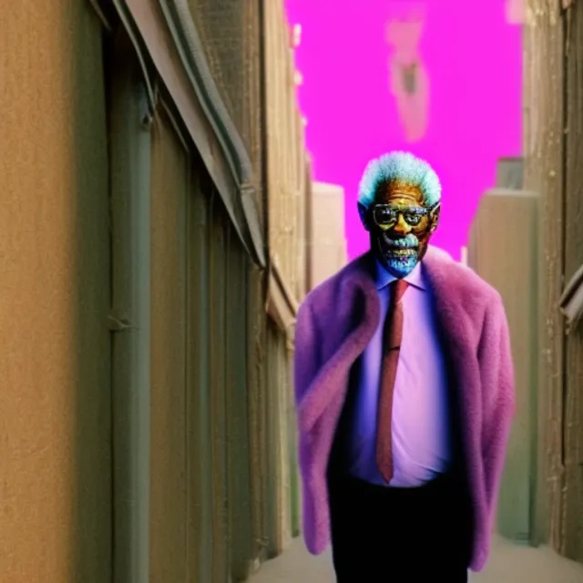 a front facing royal morgan freeman walking down a alley with a pink mink coat and a pink owl following him they are both royalty and morgan freemans head is accompanied by a floating crown this image is a real life generated task