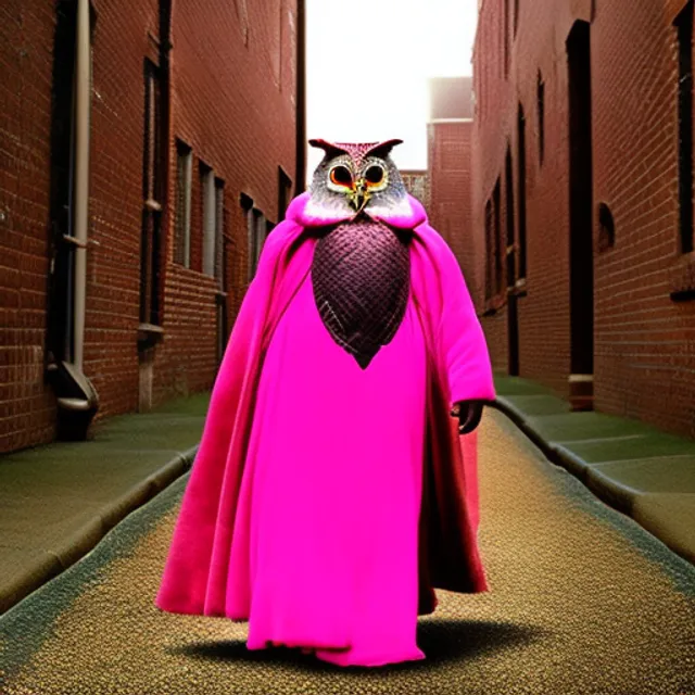 a front facing royal morgan freeman walking down a alley with a pink mink coat and a pink owl following him they are both royalty and morgan freemans head is accompanied by a floating crown this image is a real life generated task