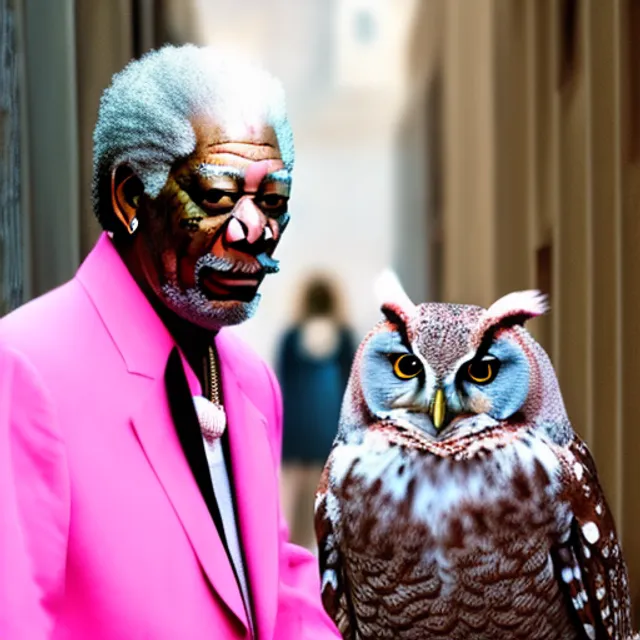 a front facing royal morgan freeman walking down a alley with a pink mink coat and a pink owl following him they are both royalty and morgan freemans head is accompanied by a floating crown this image is a real life generated task